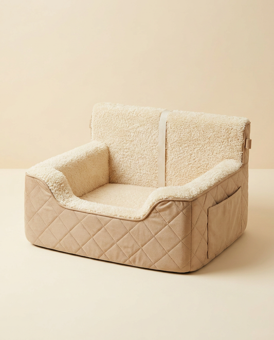 Koki Co-Pilot Seat — beige microsuede diamond-quilted dog car seat